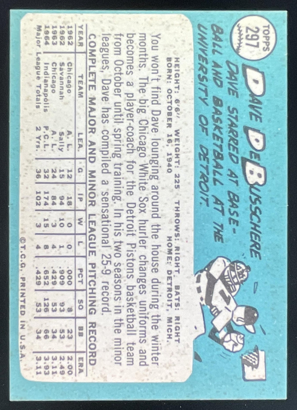 1965 Topps #297 Dave DeBusschere product image 2, provided for visual reference and product detail review