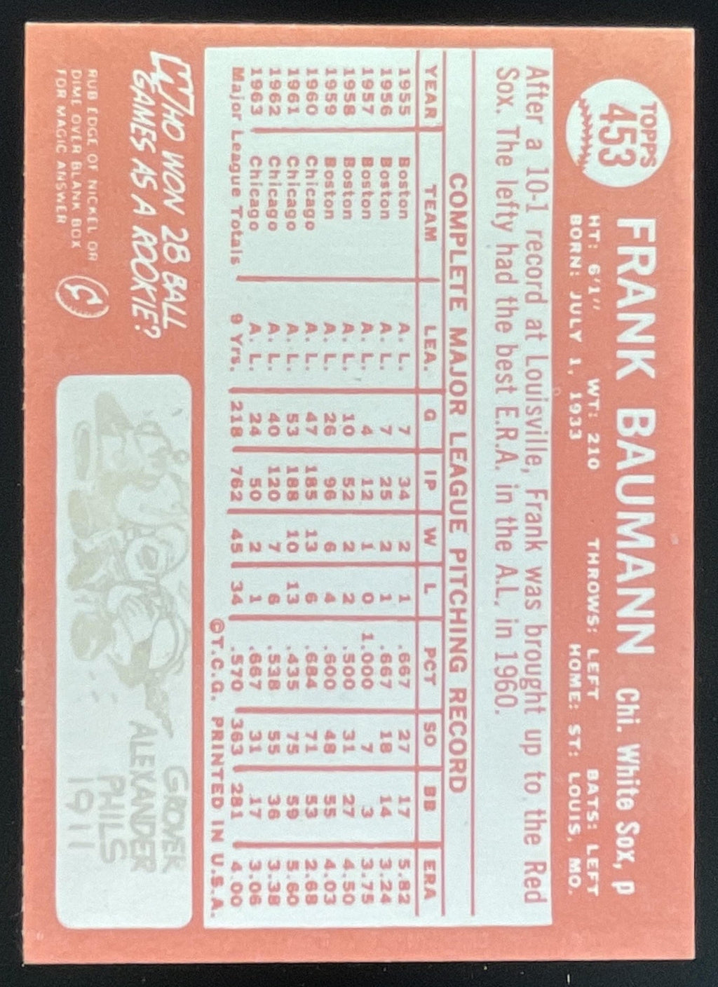 1964 Topps #453 Frank Baumann product image 2, provided for visual reference and product detail review