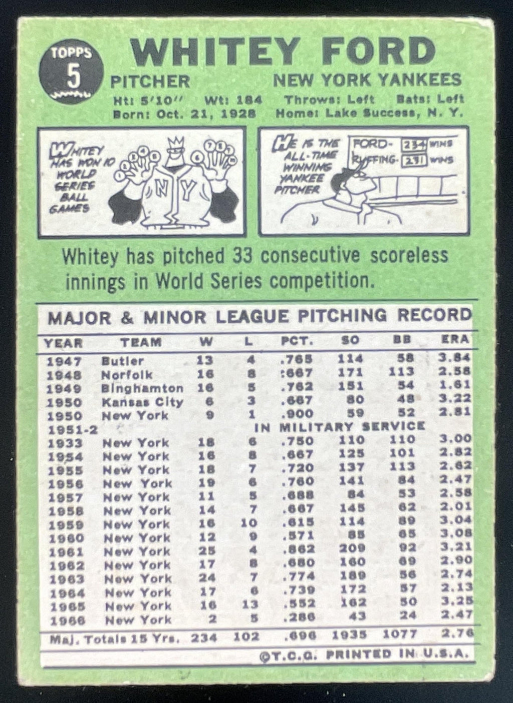 1967 Topps #5 Whitey Ford product image 2, provided for visual reference and product detail review