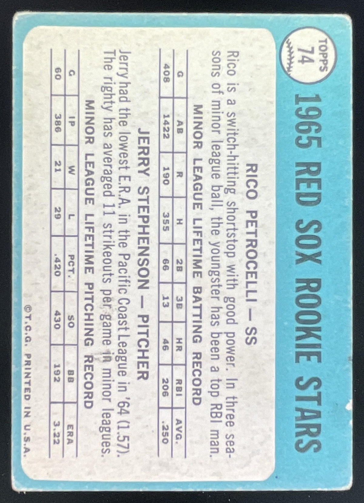1965 Topps #74 Red Sox Rico Petrocelli Jerry Stephenson RS, RC, U RC product image 2, provided for visual reference and