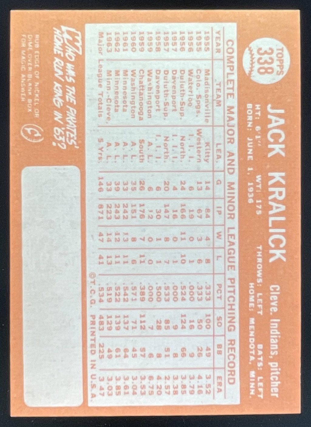 1964 Topps #338 Jack Kralick product image 2, provided for visual reference and product detail review