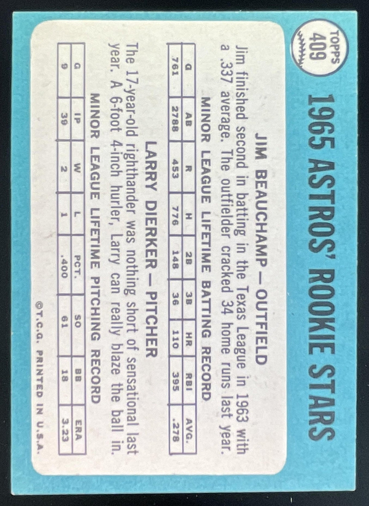 1965 Topps #409 Astros 1965 Rookie Stars Jim Beauchamp Larry Dierker RS, RC product image 2, provided for visual reference