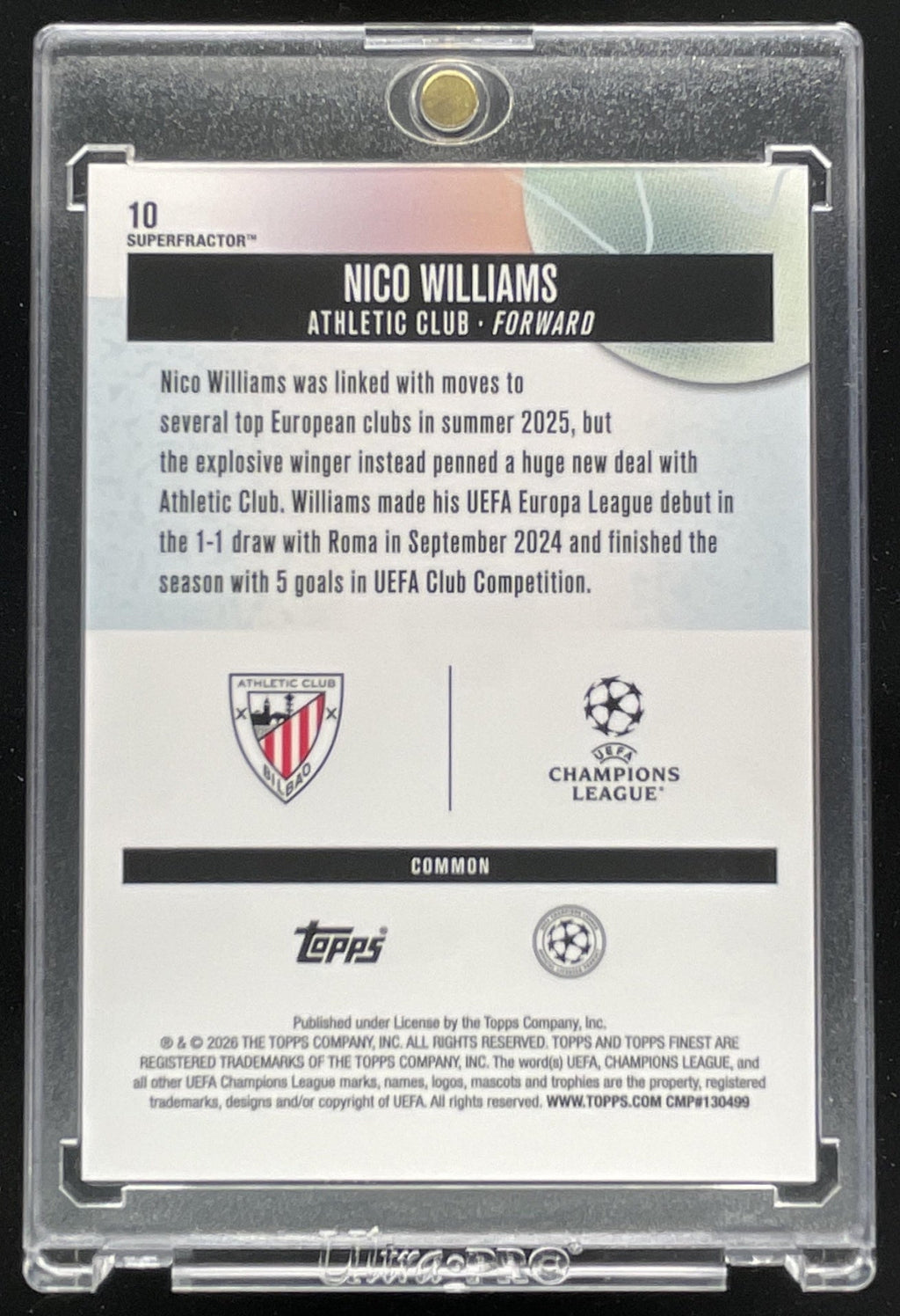 2025 Topps Finest Club Competition Common SuperFractor #10 Nico Williams 1/1 product image 2, provided for visual reference