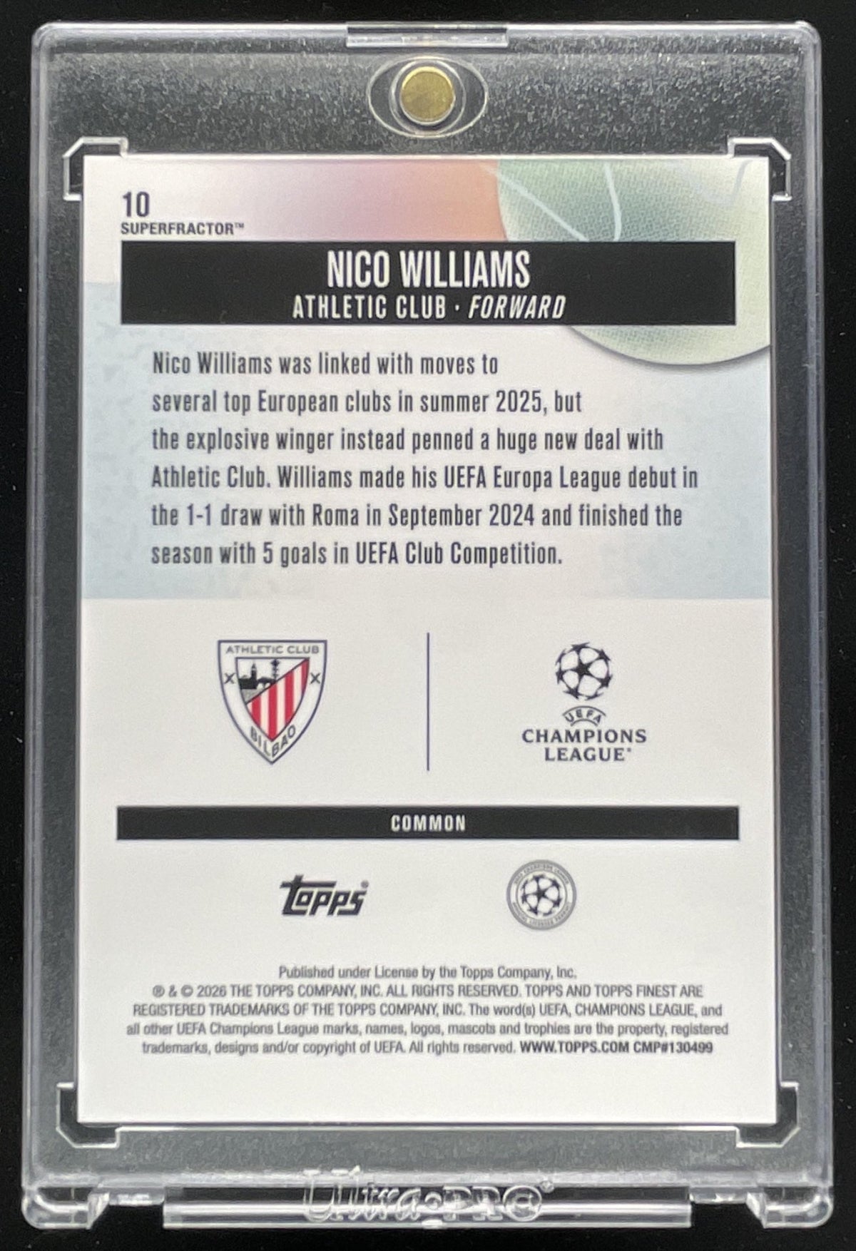 2025 Topps Finest Club Competition Common SuperFractor #10 Nico Williams 1/1 product image 2, provided for visual reference