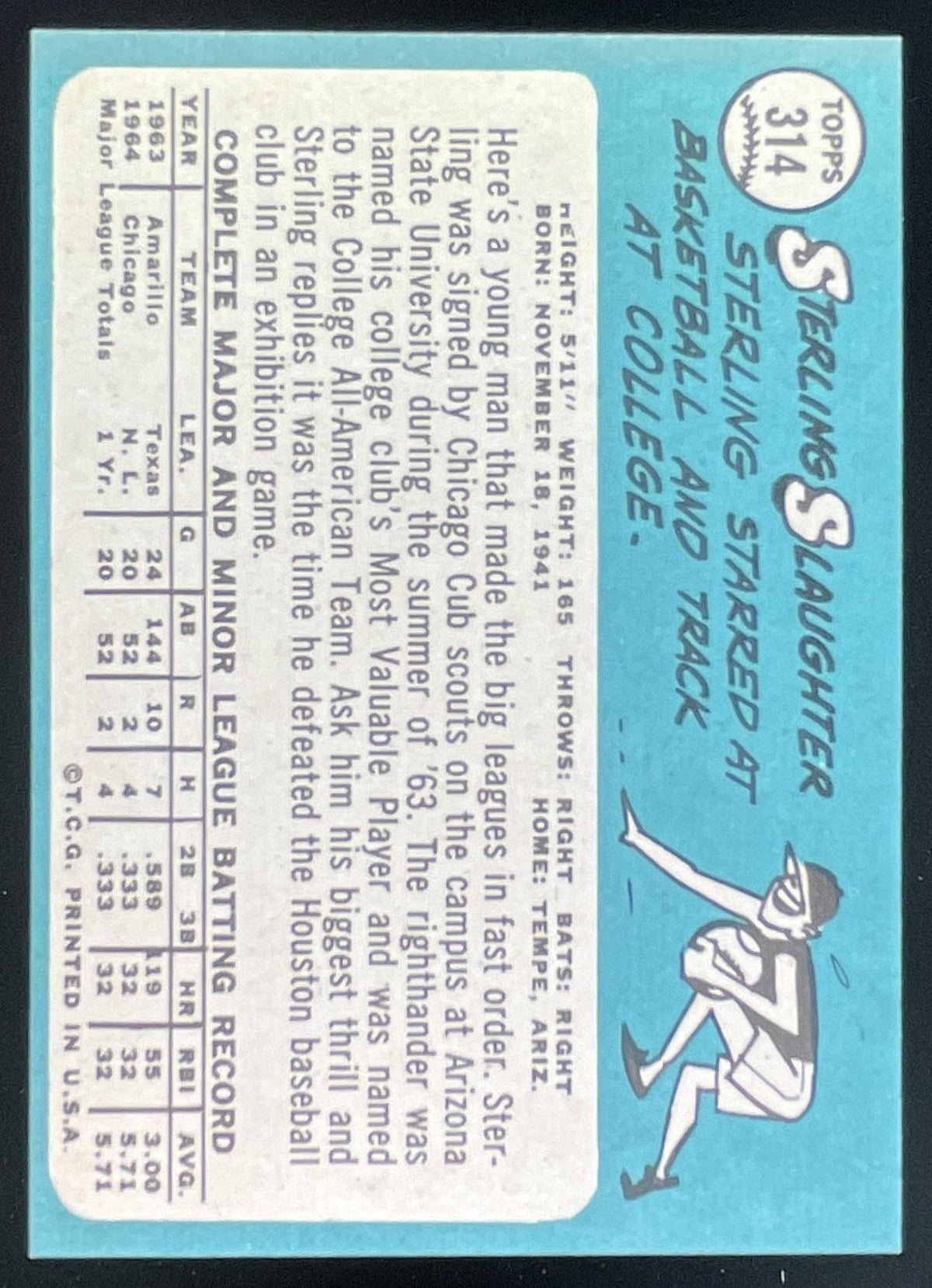 1965 Topps #314 Sterling Slaughter product image 2, provided for visual reference and product detail review