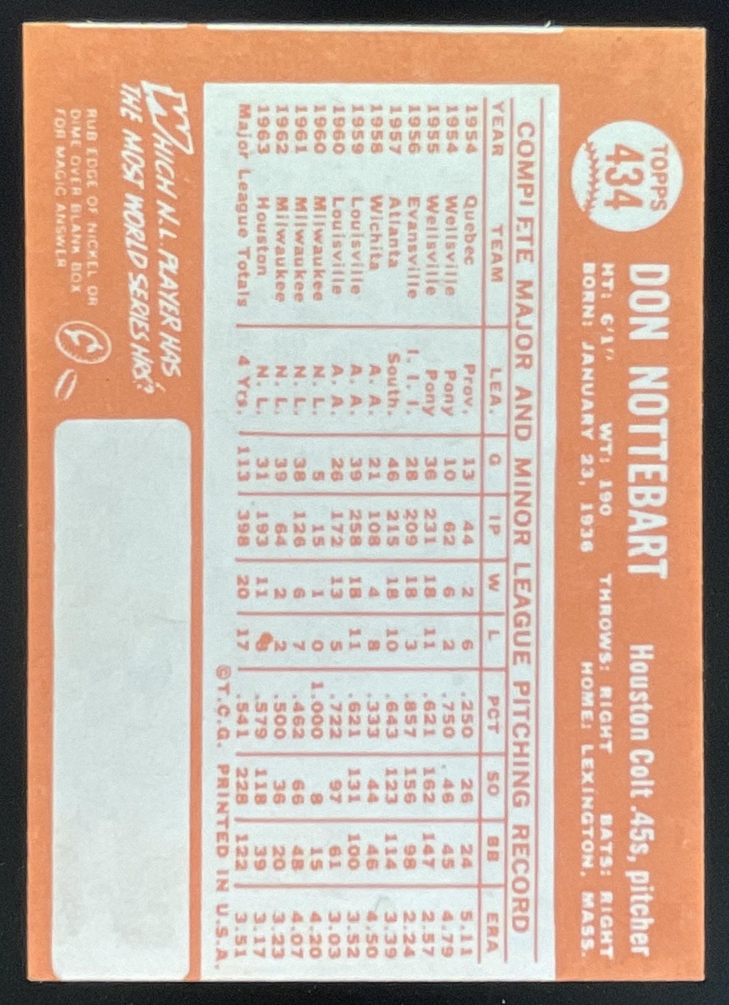 1964 Topps #434 Don Nottebart product image 2, provided for visual reference and product detail review