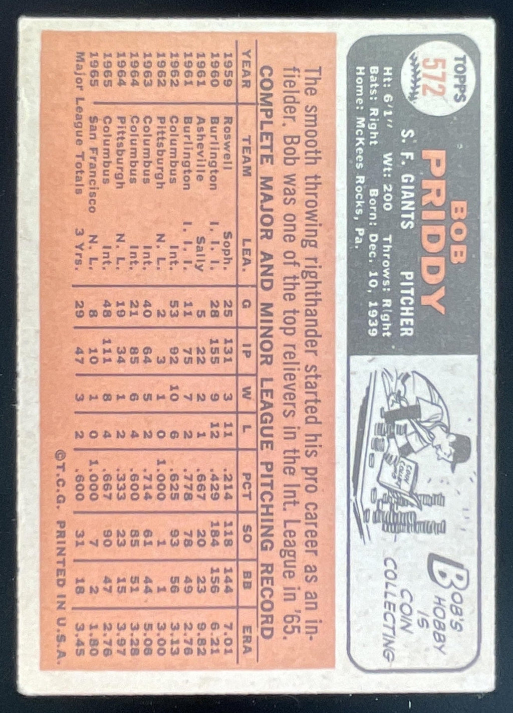 1966 Topps #572 Bob Priddy product image 2, provided for visual reference and product detail review