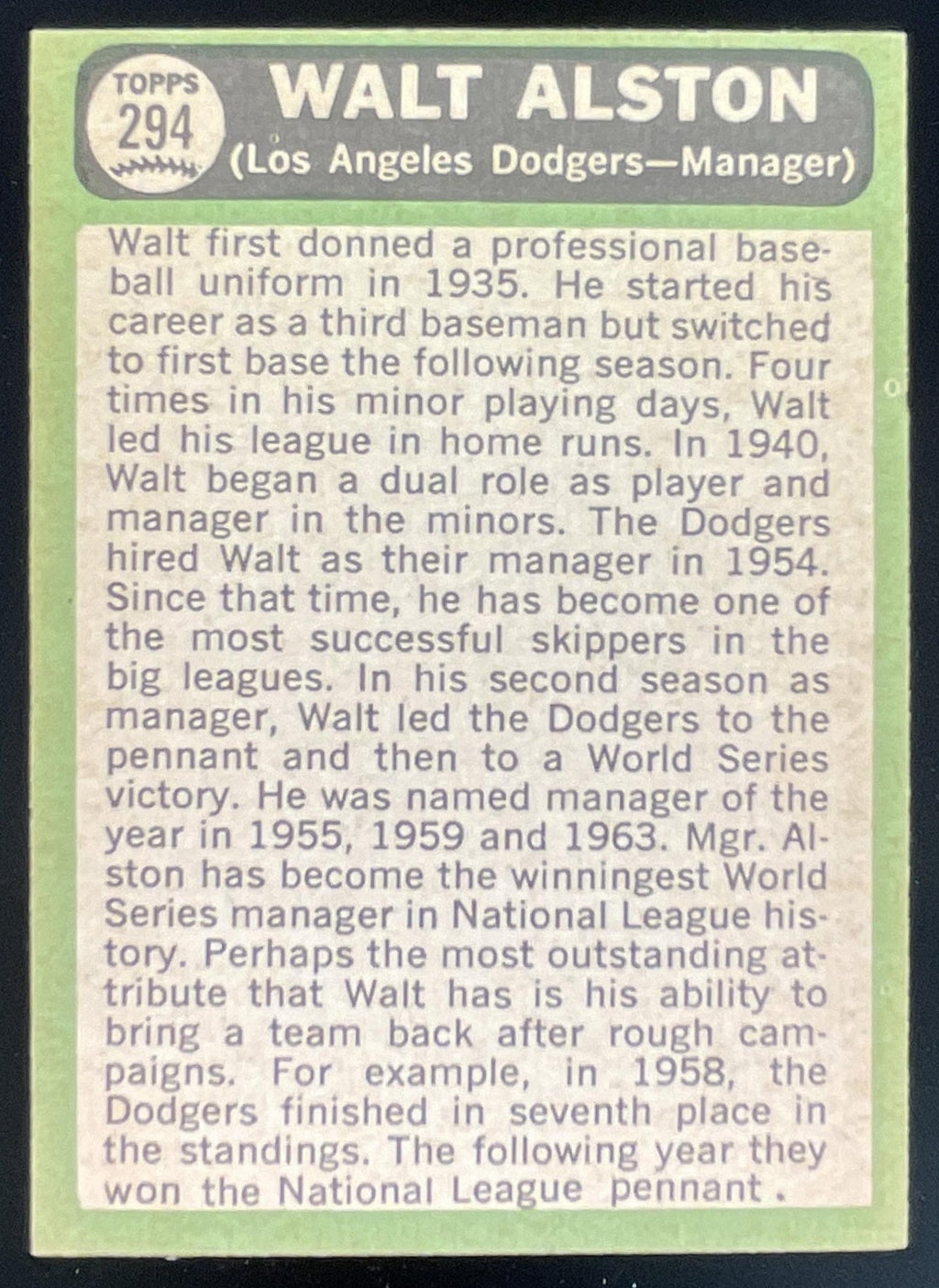 1967 Topps #294 Walt Alston product image 2, provided for visual reference and product detail review