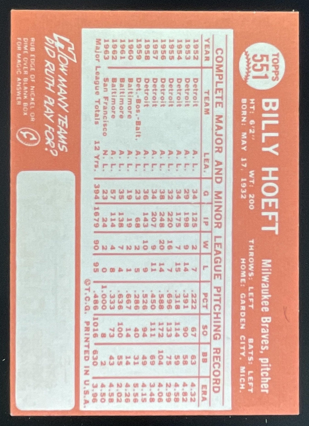 1964 Topps #551 Billy Hoeft product image 2, provided for visual reference and product detail review