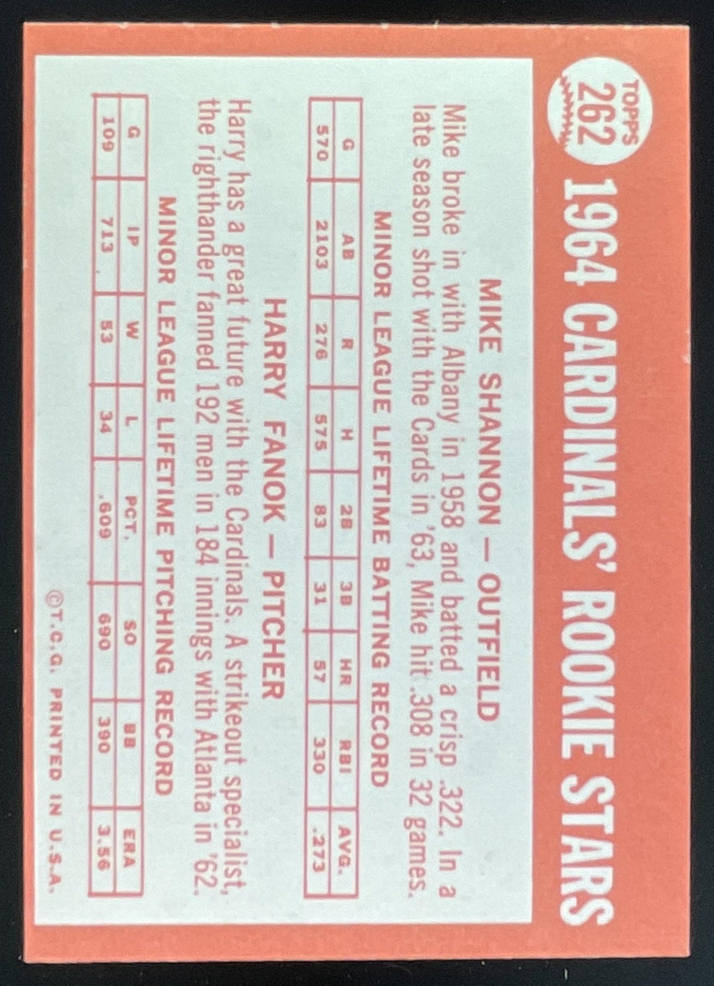 1964 Topps #262 Cardinals 1964 Rookie Stars Mike Shannon Harry Fanok RC product image 2, provided for visual reference and
