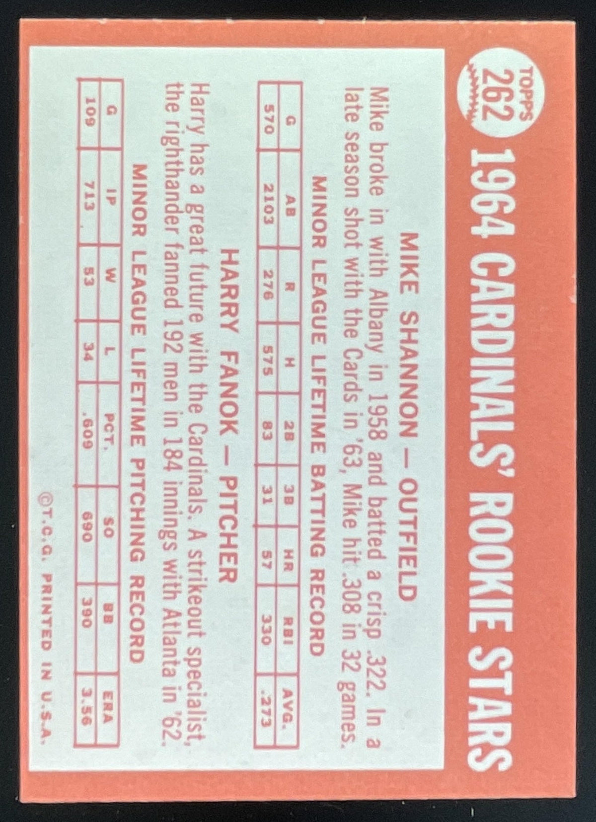 1964 Topps #262 Cardinals 1964 Rookie Stars Mike Shannon Harry Fanok RC product image 2, provided for visual reference and