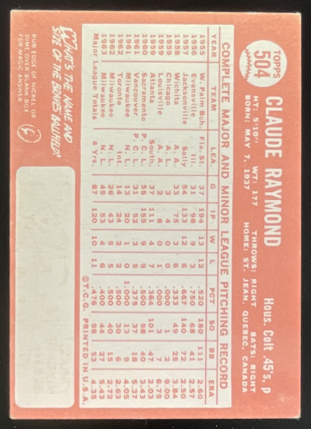 1964 Topps #504 Claude Raymond product image 2, provided for visual reference and product detail review