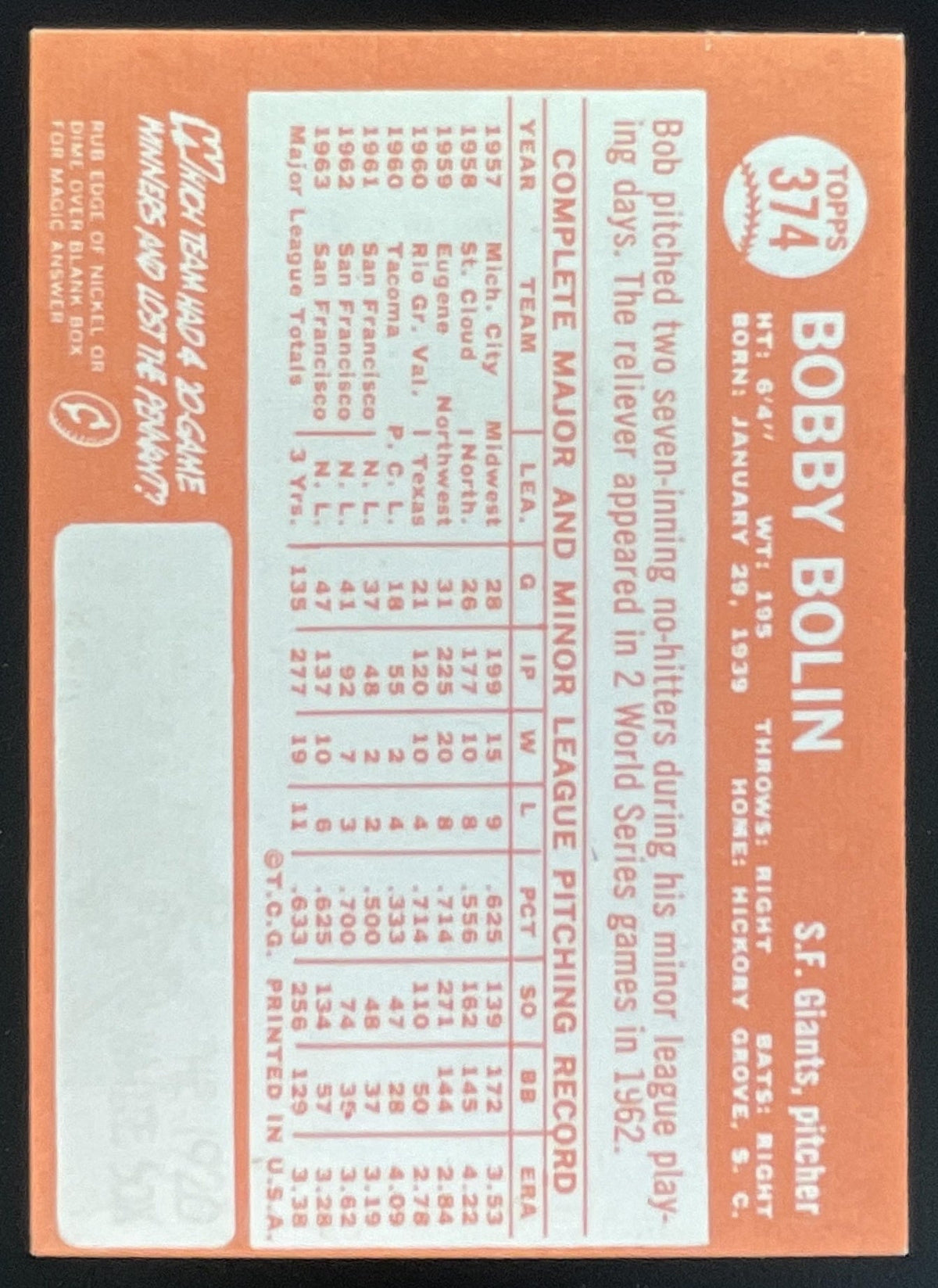 1964 Topps #374 Bobby Bolin product image 2, provided for visual reference and product detail review