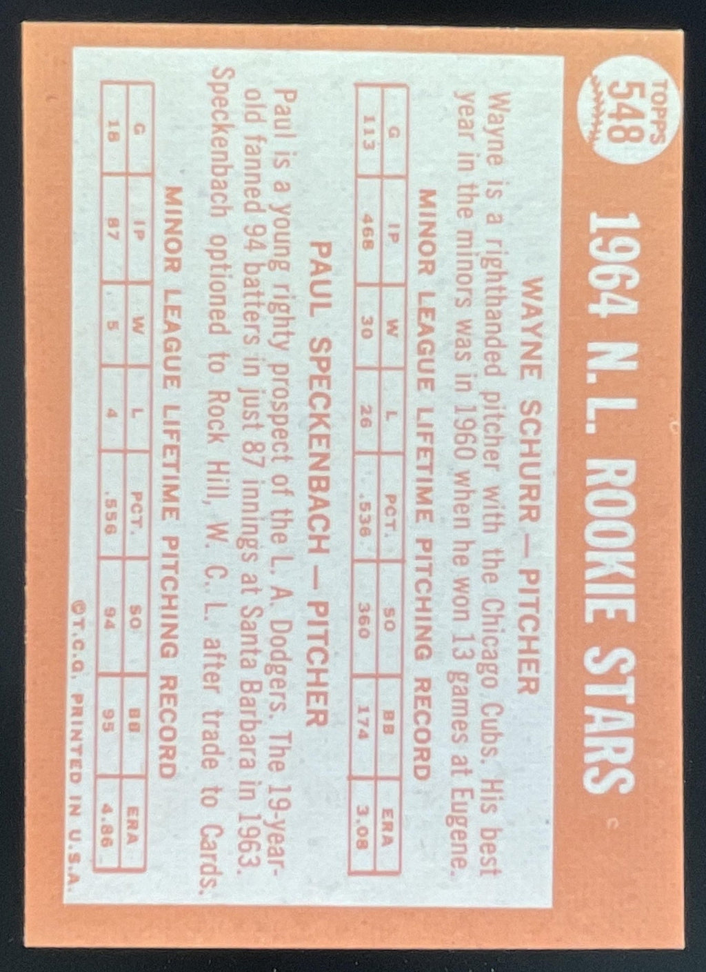 1964 Topps #548 Rookie Stars Wayne Schurr Paul Speckenbach RC product image 2, provided for visual reference and product