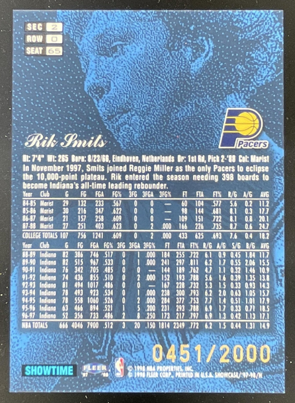 1997-98 Fleer Flair Showcase Flair Showcase Row 0 #65 Rik Smits /2000 product image 2, provided for visual reference and