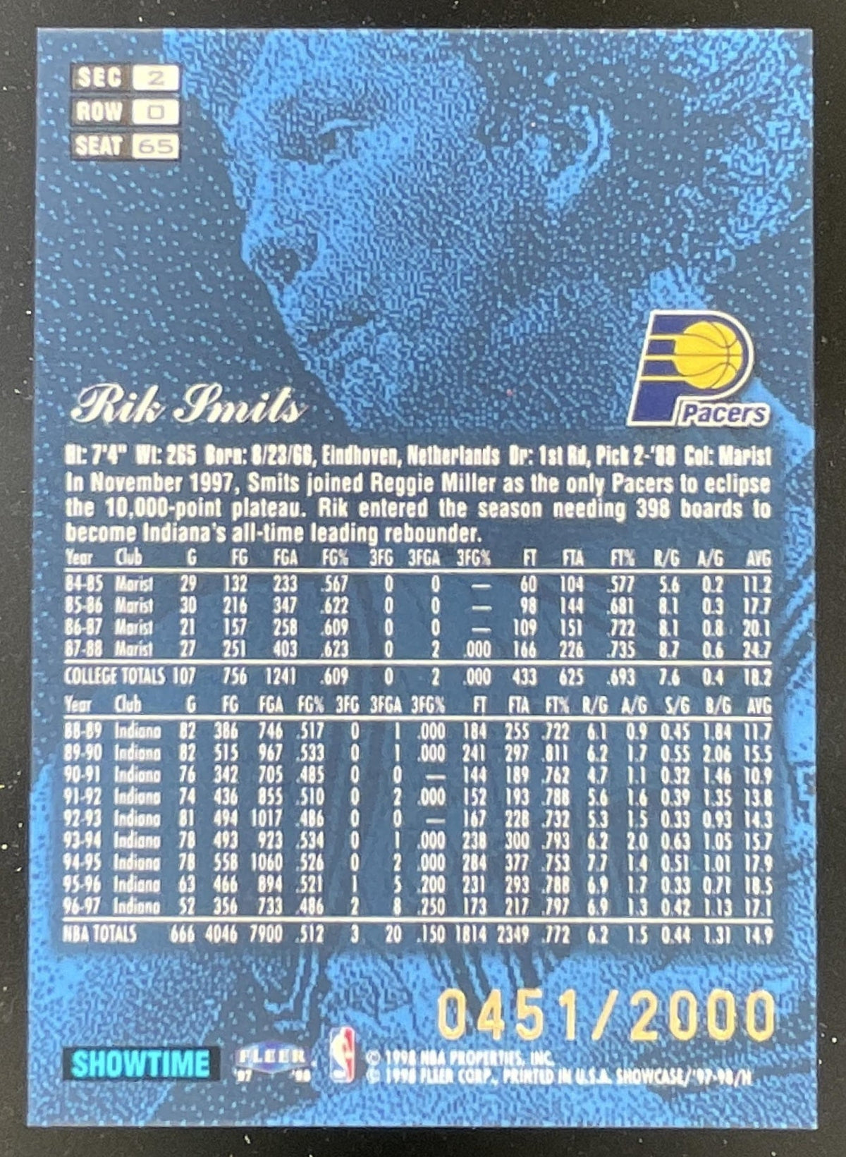 1997-98 Fleer Flair Showcase Flair Showcase Row 0 #65 Rik Smits /2000 product image 2, provided for visual reference and