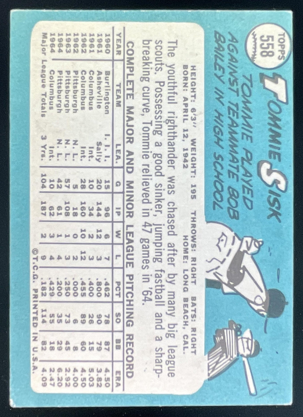 1965 Topps #558 Tommie Sisk product image 2, provided for visual reference and product detail review