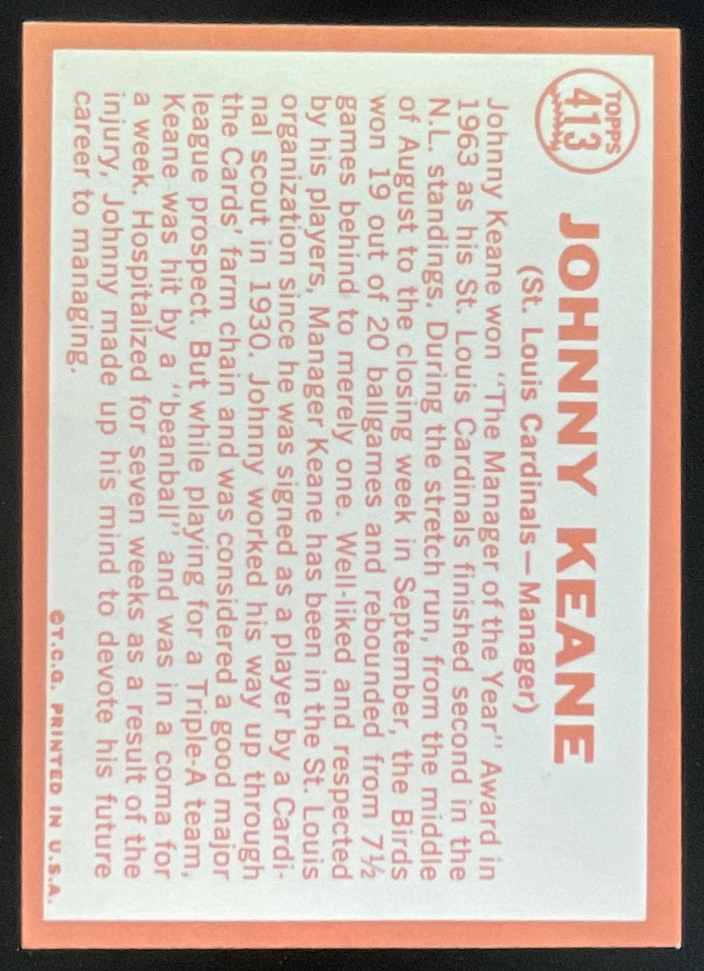 1964 Topps #413 Johnny Keane product image 2, provided for visual reference and product detail review