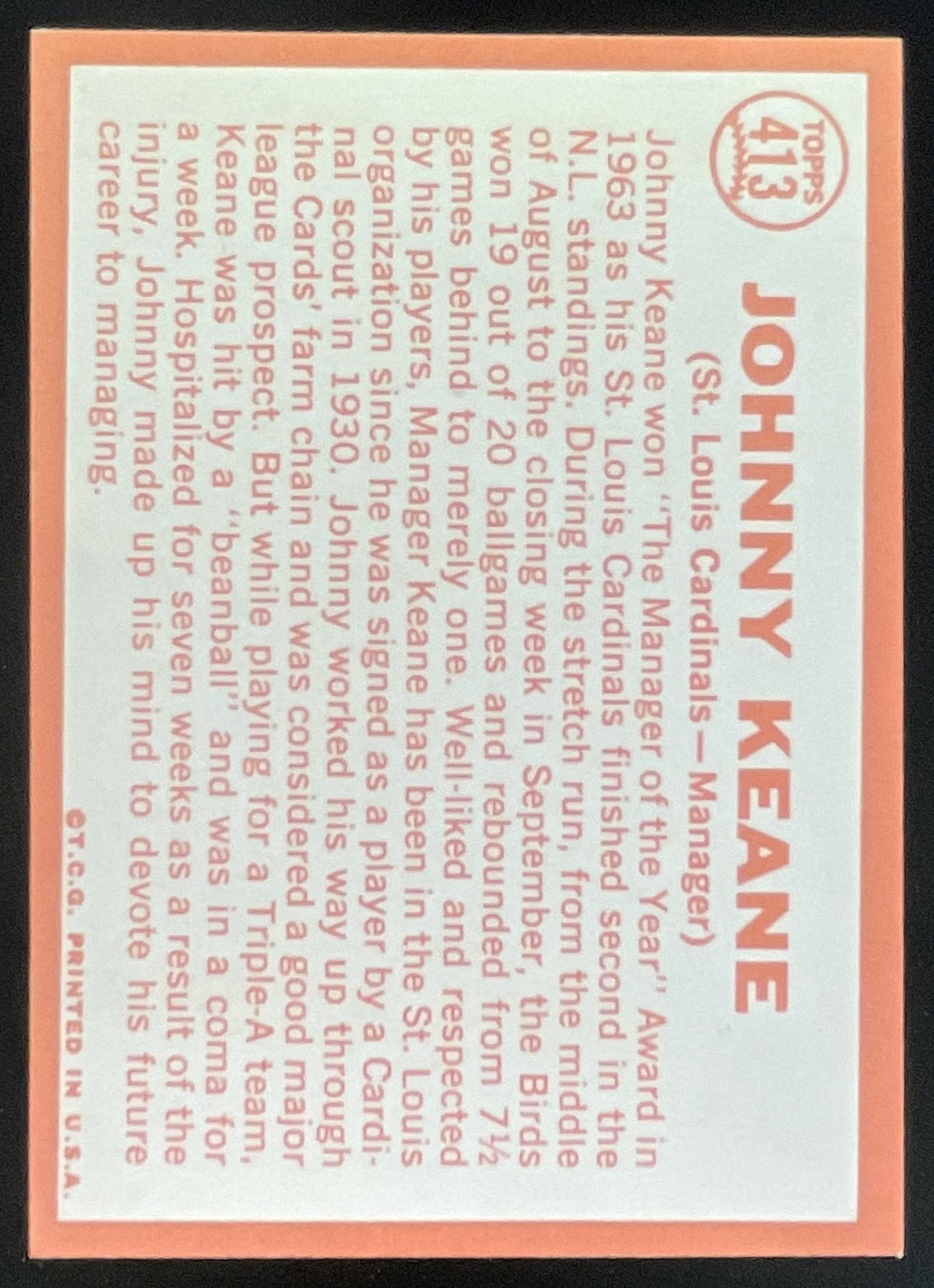 1964 Topps #413 Johnny Keane product image 2, provided for visual reference and product detail review