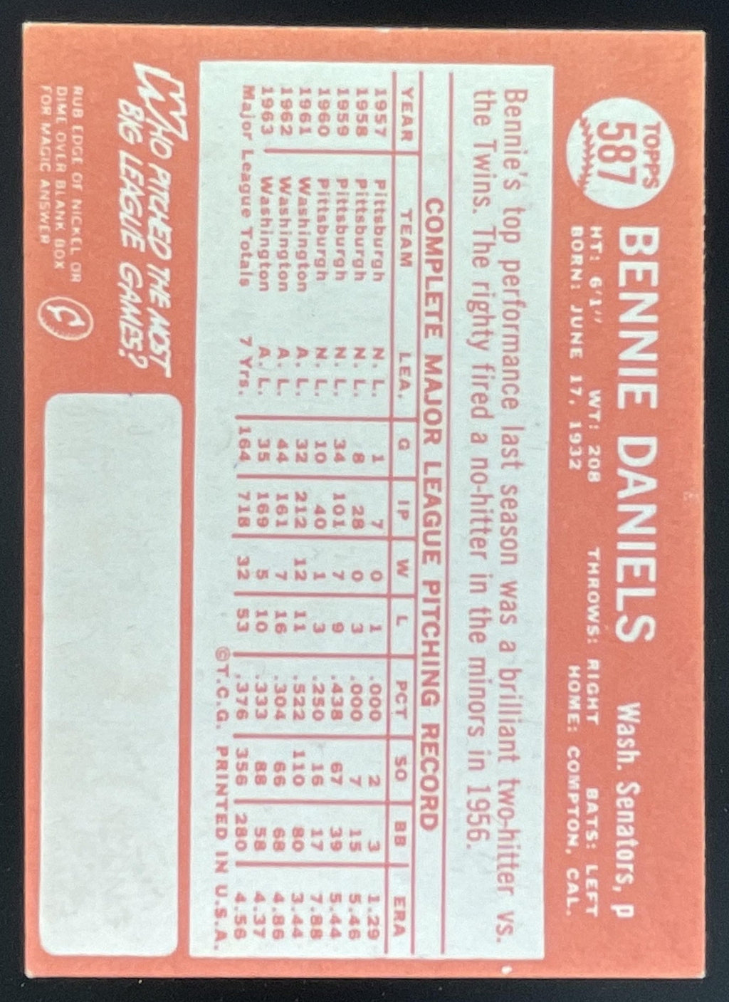 1964 Topps #587 Bennie Daniels product image 2, provided for visual reference and product detail review