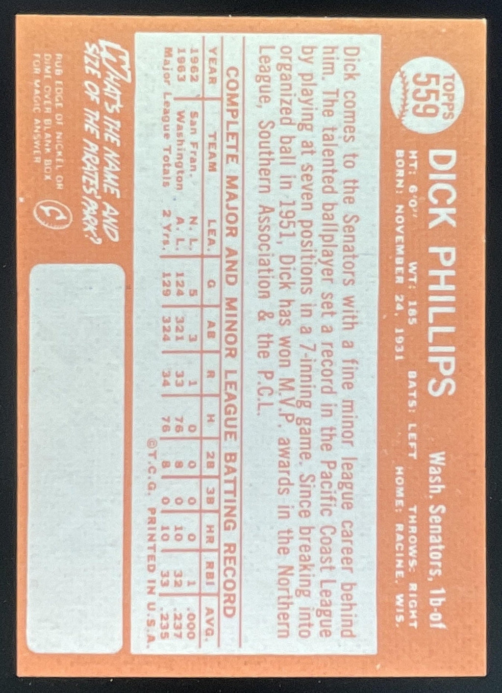 1964 Topps #559 Dick Phillips product image 2, provided for visual reference and product detail review