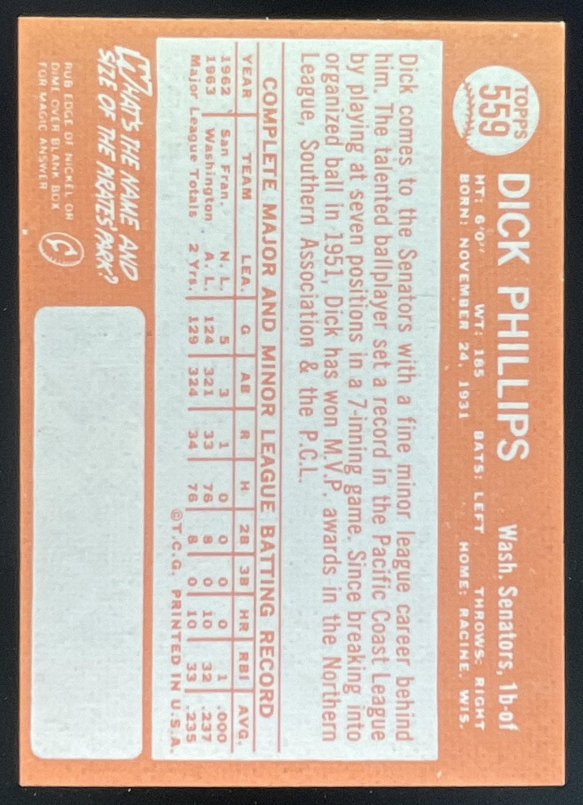 1964 Topps #559 Dick Phillips product image 2, provided for visual reference and product detail review