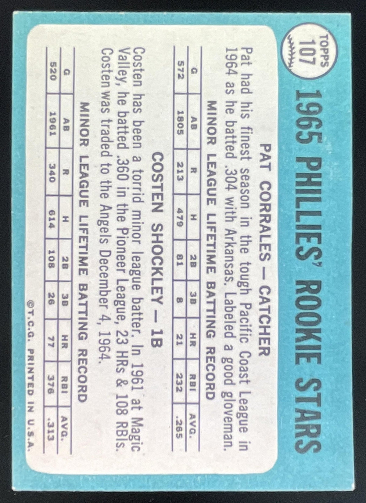1965 Topps #107 Phillies 1965 Rookie Stars Pat Corrales Costen Shockley RS, RC product image 2, provided for visual