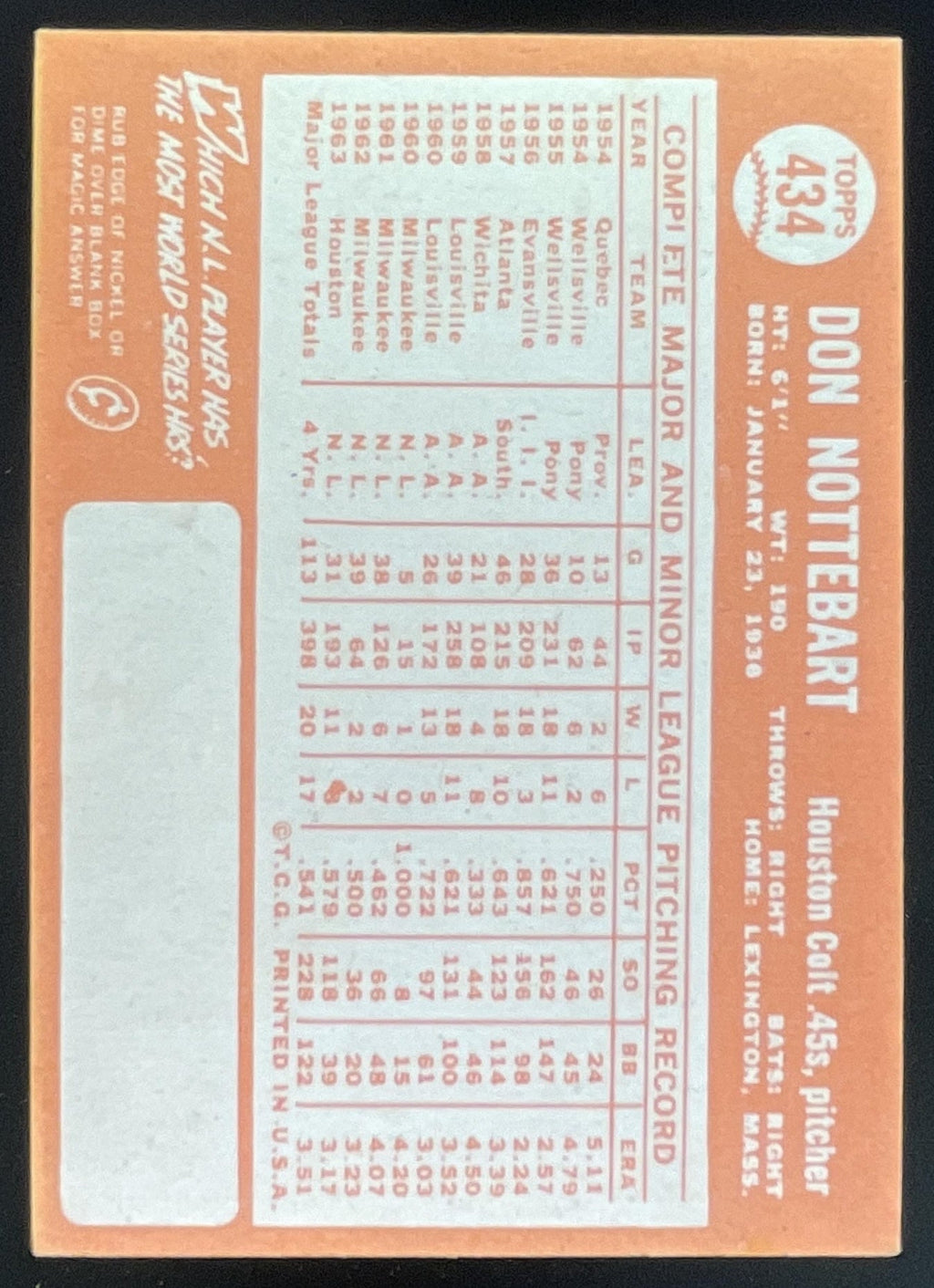 1964 Topps #434 Don Nottebart product image 2, provided for visual reference and product detail review