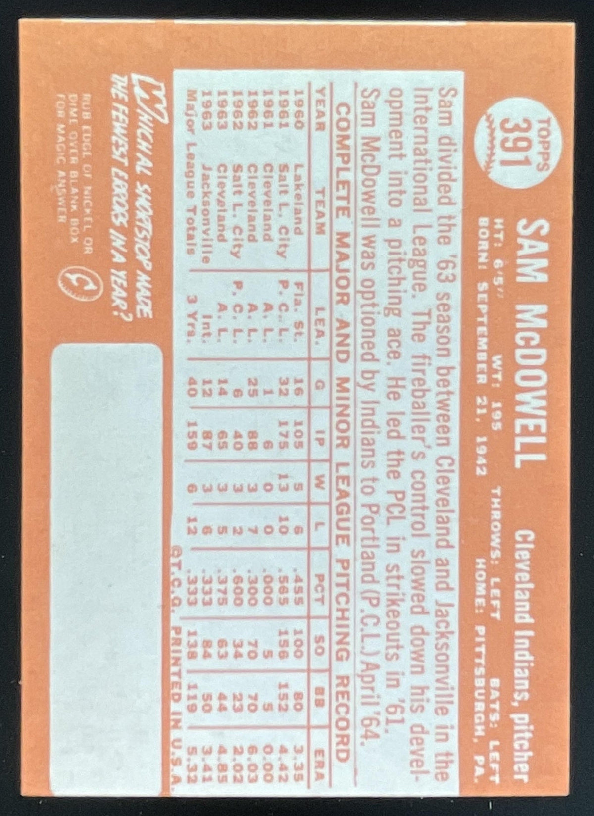 1964 Topps #391 Sam McDowell product image 2, provided for visual reference and product detail review