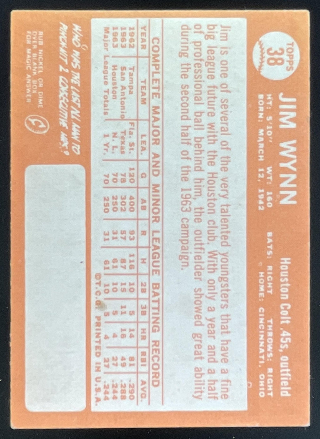 1964 Topps #38 Jim Wynn RC product image 2, provided for visual reference and product detail review
