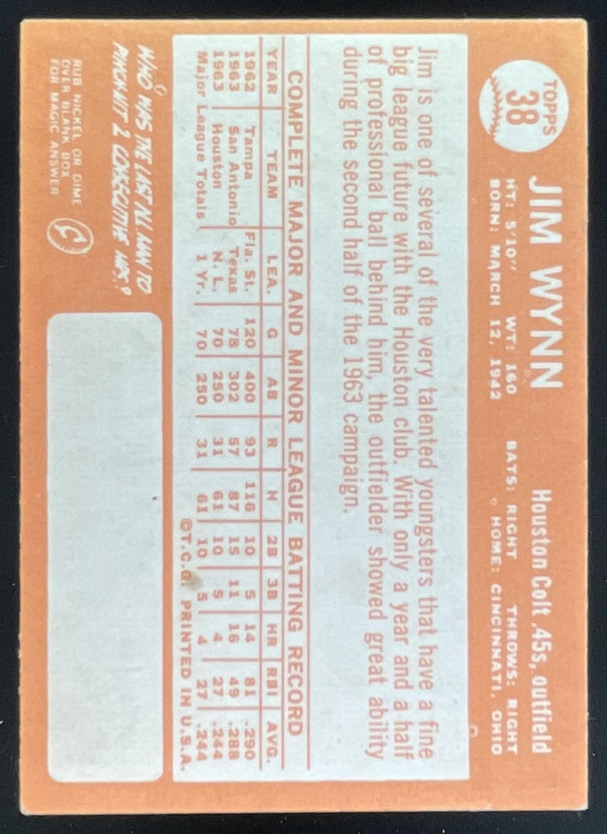 1964 Topps #38 Jim Wynn RC product image 2, provided for visual reference and product detail review