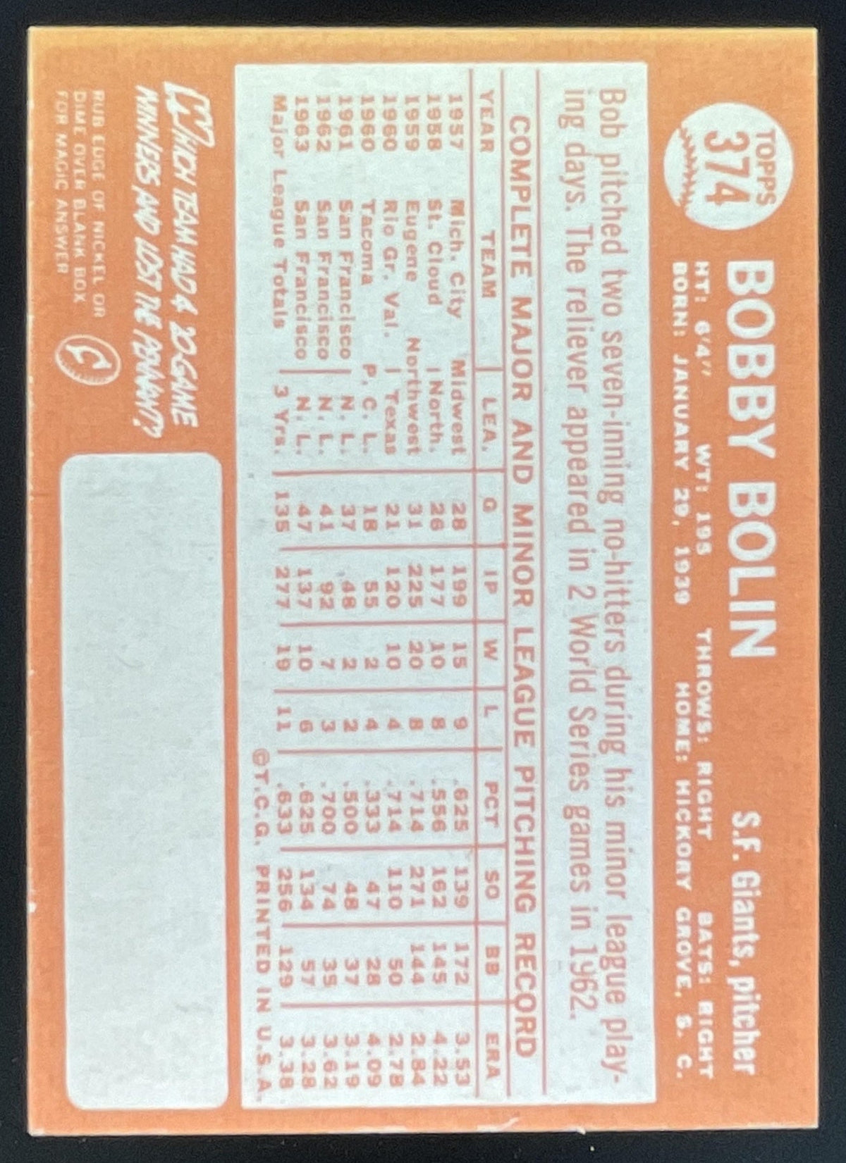 1964 Topps #374 Bobby Bolin product image 2, provided for visual reference and product detail review