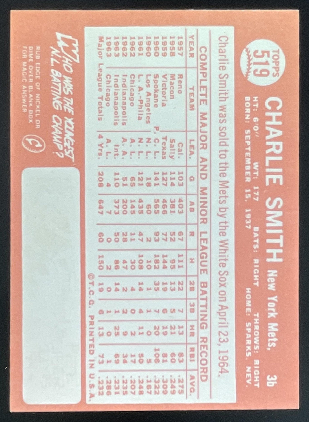 1964 Topps #519 Charlie Smith product image 2, provided for visual reference and product detail review