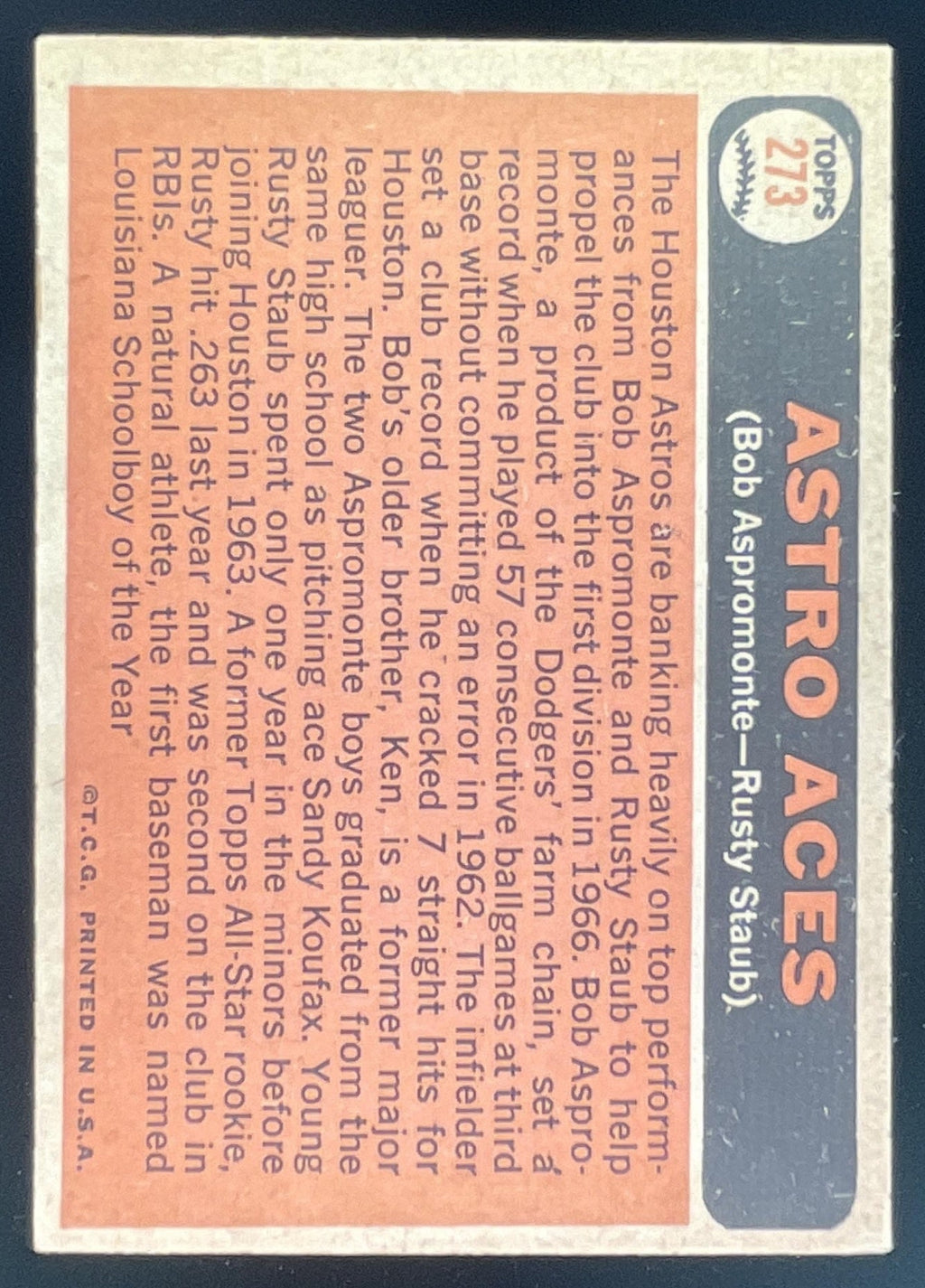 1966 Topps #273 Astro Aces Bob Aspromonte Rusty Staub C product image 2, provided for visual reference and product detail