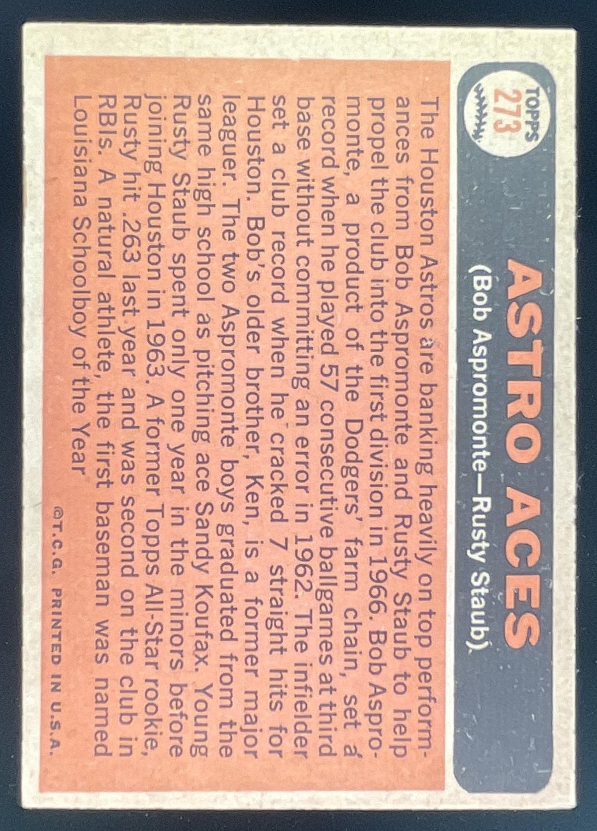 1966 Topps #273 Astro Aces Bob Aspromonte Rusty Staub C product image 2, provided for visual reference and product detail