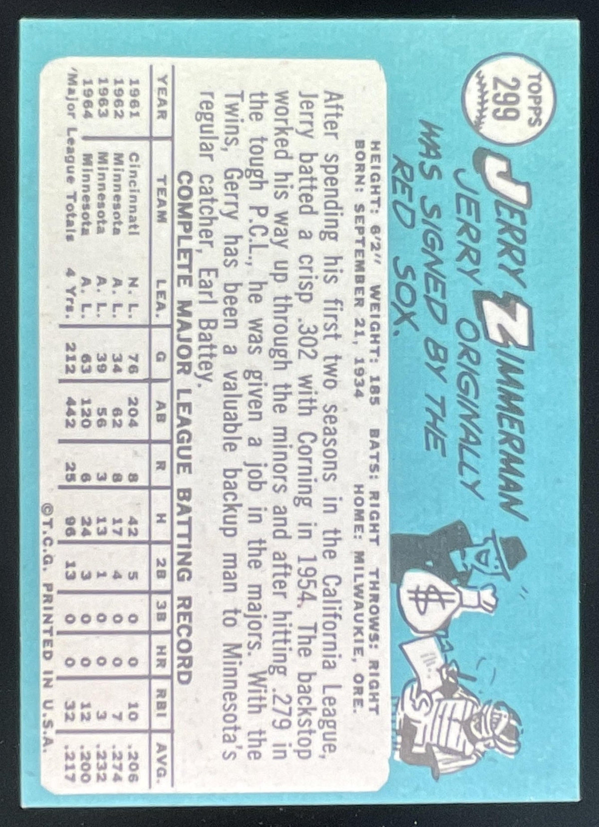 1965 Topps #299 Jerry Zimmerman product image 2, provided for visual reference and product detail review