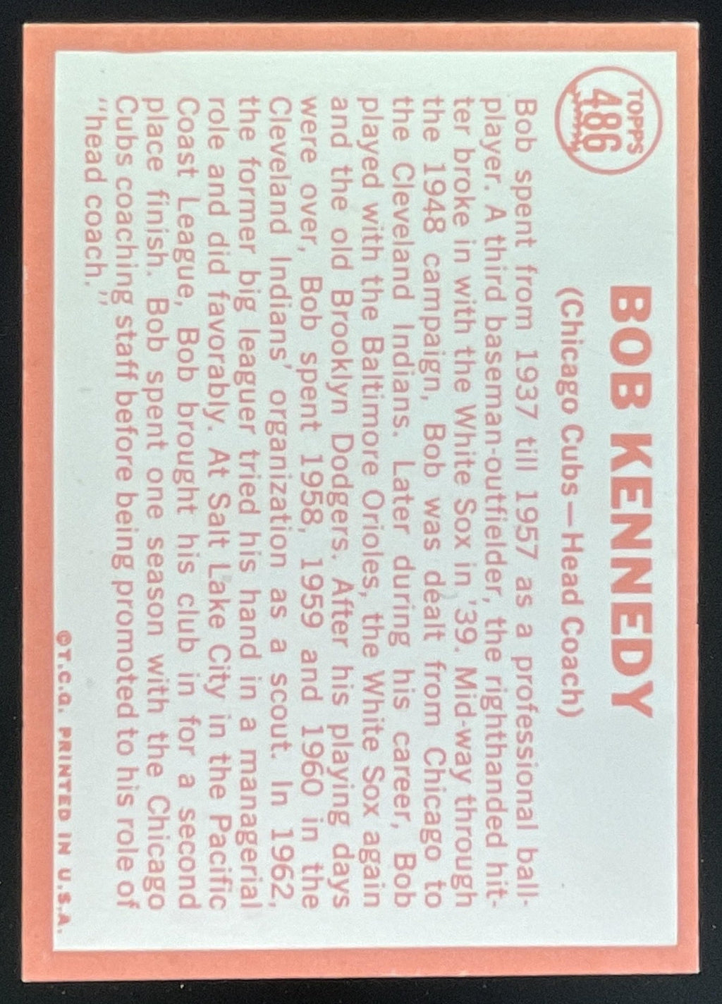 1964 Topps #486 Bob Kennedy product image 2, provided for visual reference and product detail review