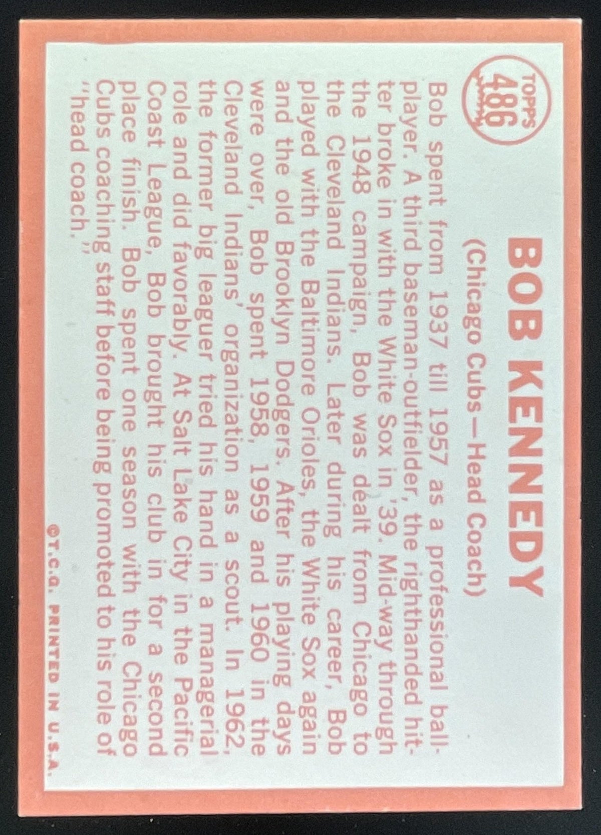 1964 Topps #486 Bob Kennedy product image 2, provided for visual reference and product detail review