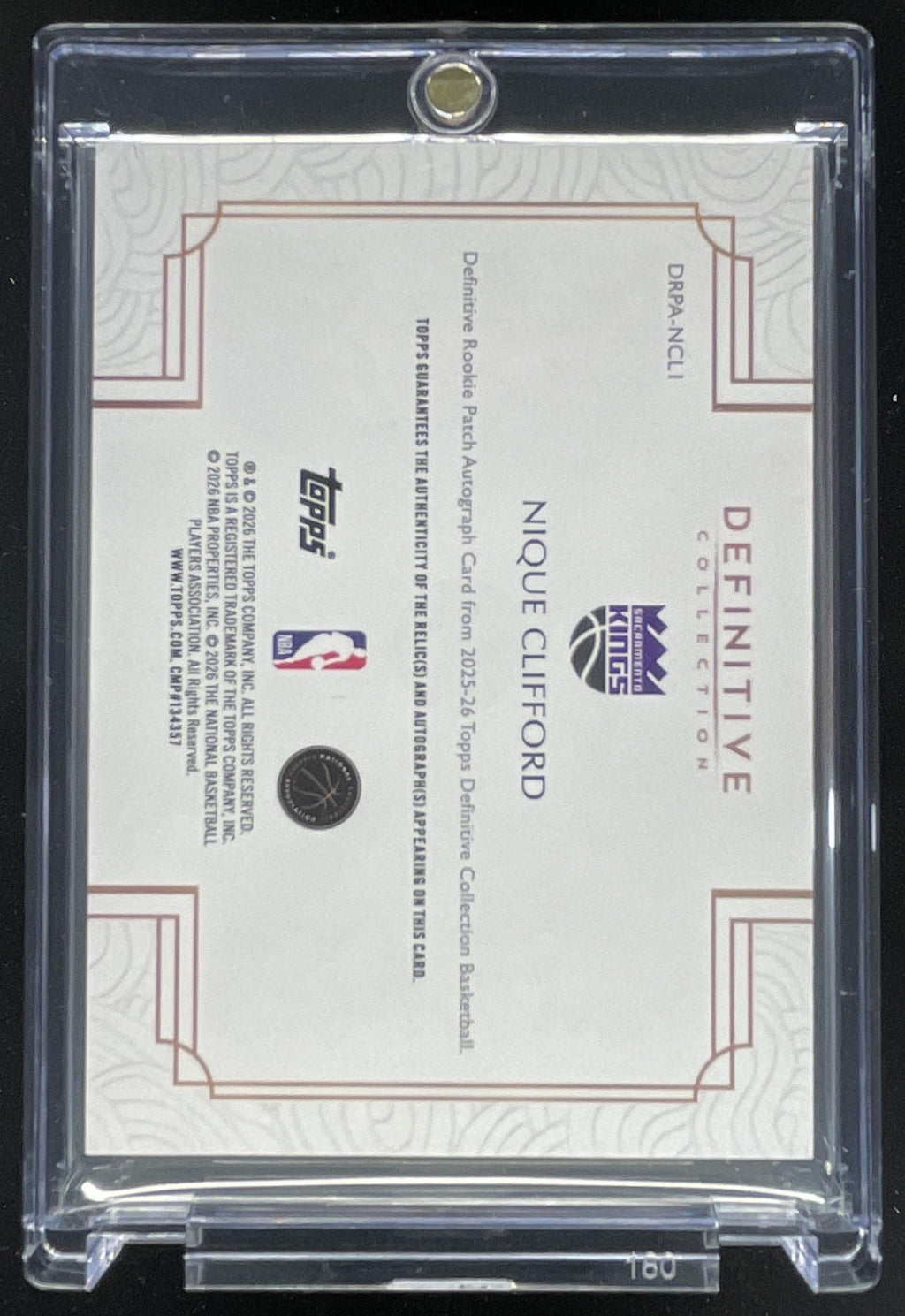 2025-26 Topps Definitive Collection Patch Pink Nique Clifford RC Auto /15 product image 2, provided for visual reference and