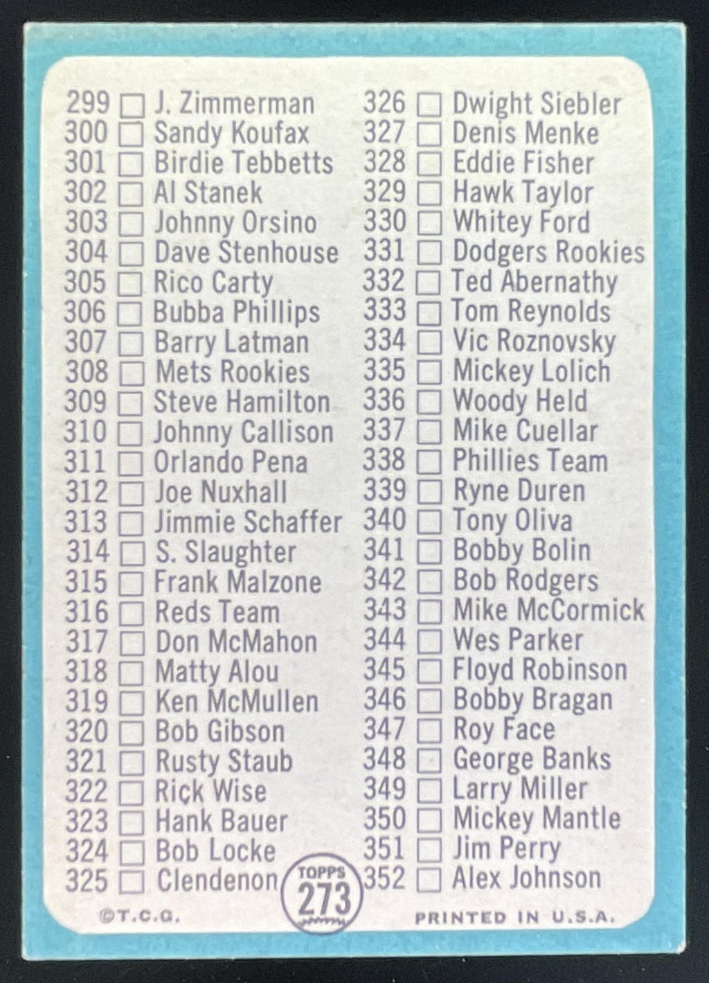 1965 Topps #273 4th Series Checklist: 265-352 product image 2, provided for visual reference and product detail review