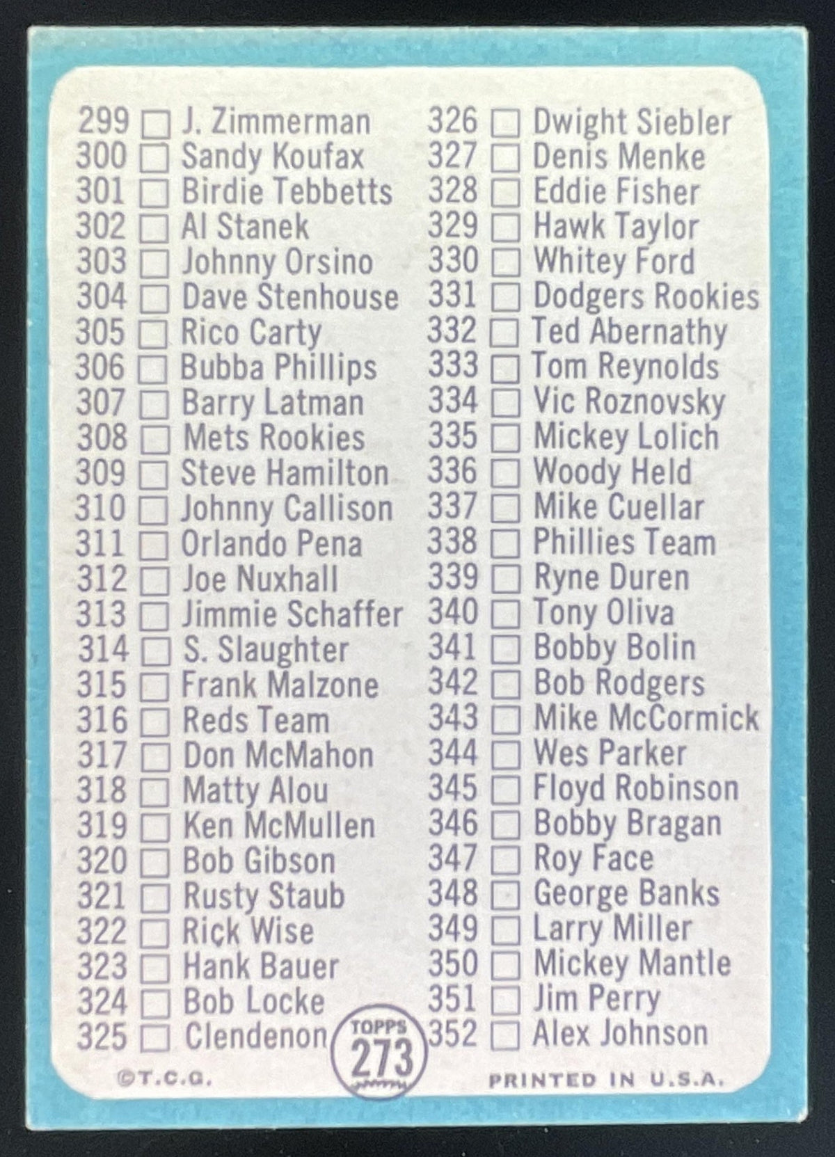 1965 Topps #273 4th Series Checklist: 265-352 product image 2, provided for visual reference and product detail review