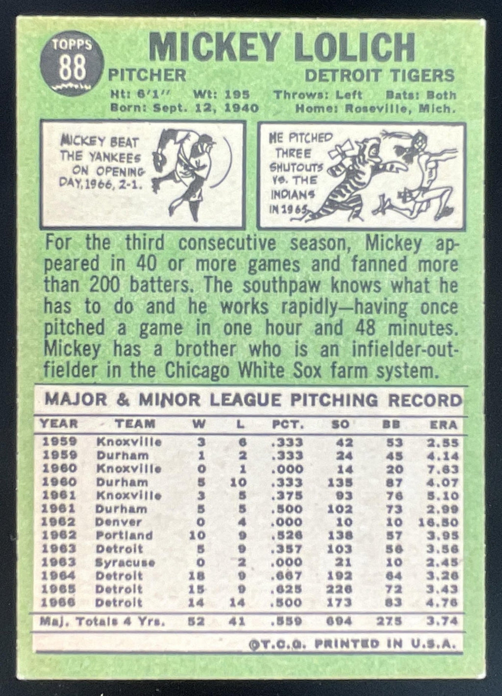 1967 Topps #88 Mickey Lolich product image 2, provided for visual reference and product detail review