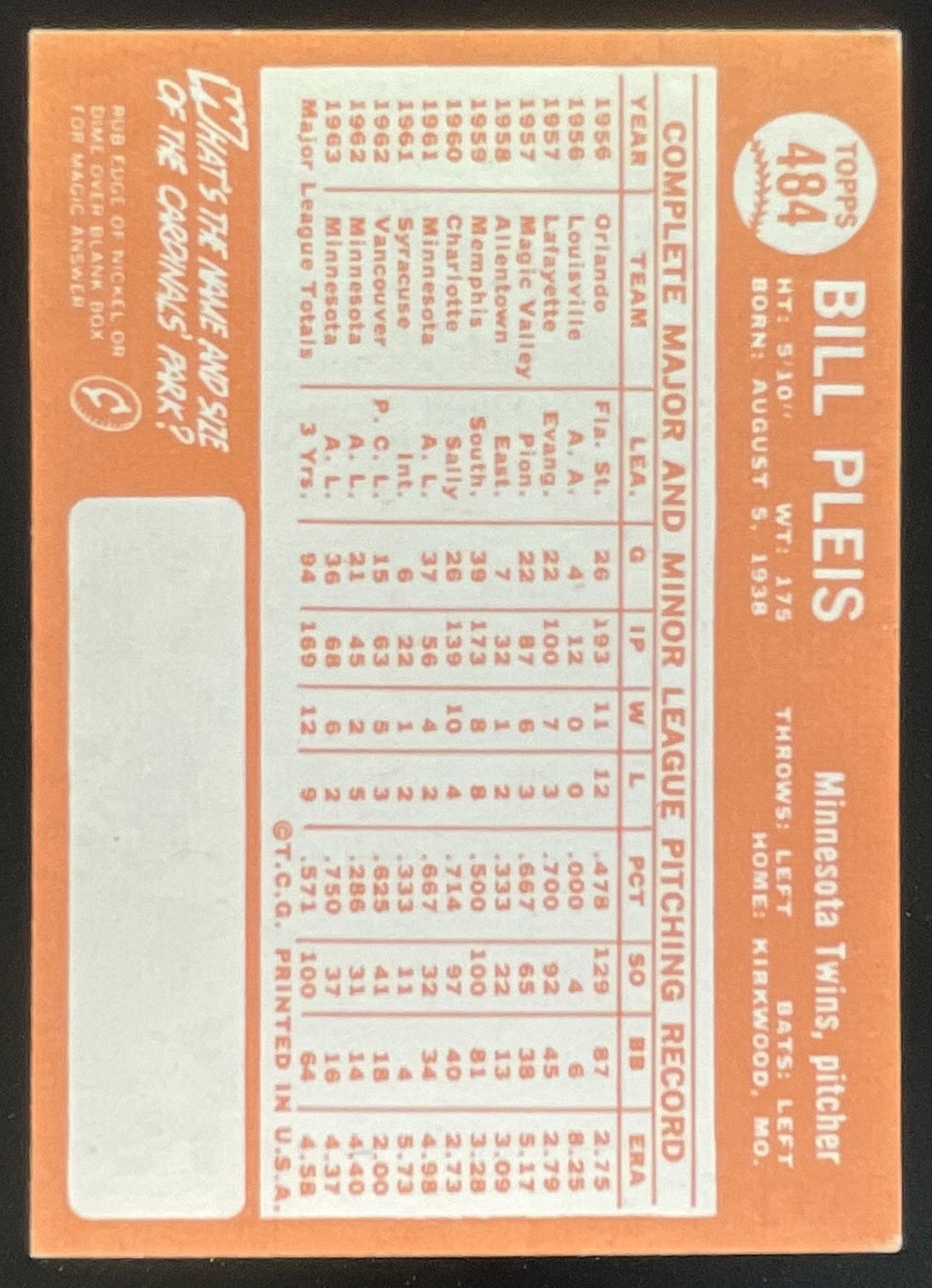 1964 Topps #484 Bill Pleis product image 2, provided for visual reference and product detail review