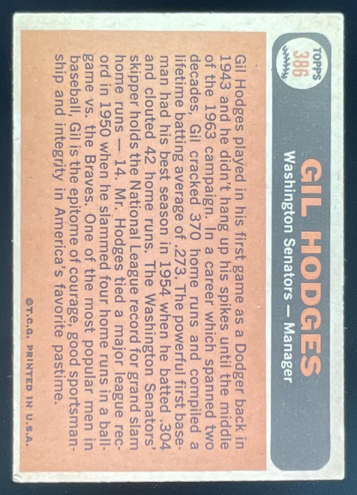1966 Topps #386 Gil Hodges product image 2, provided for visual reference and product detail review