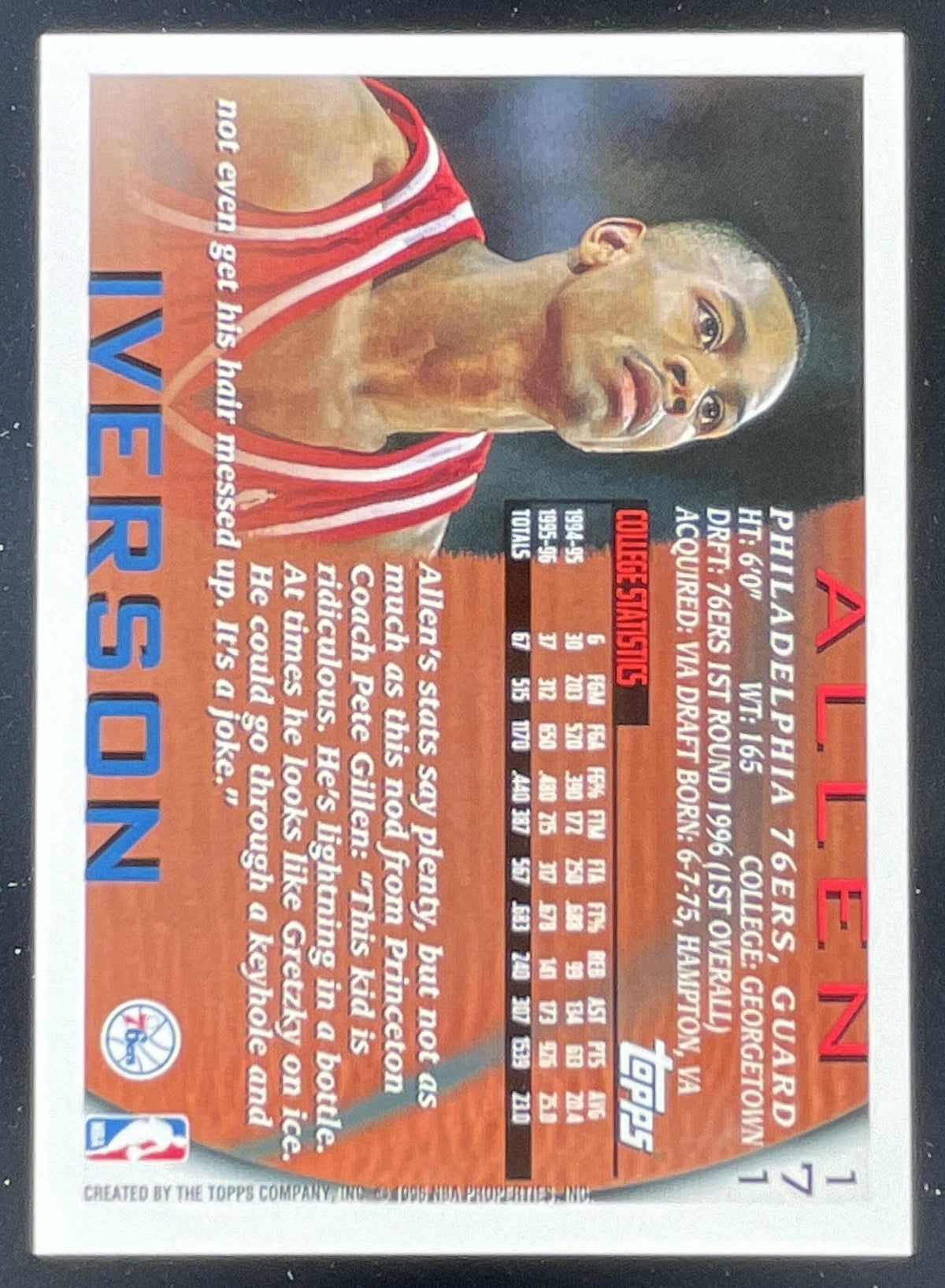 1996-97 Topps #171 Allen Iverson RC product image 2, provided for visual reference and product detail review