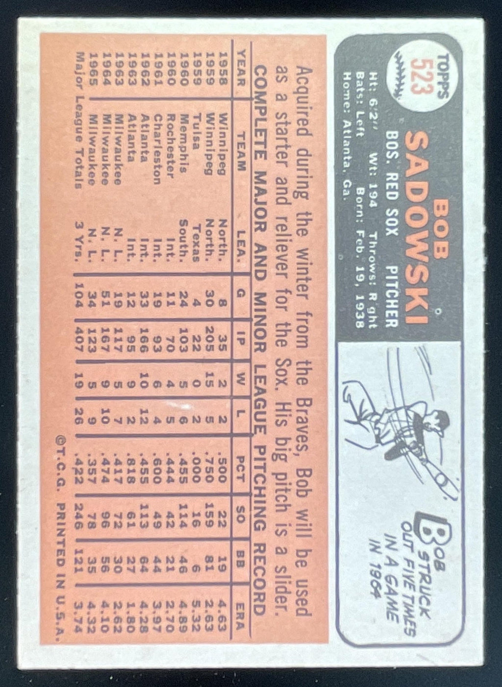 1966 Topps #523 Bob Sadowski product image 2, provided for visual reference and product detail review