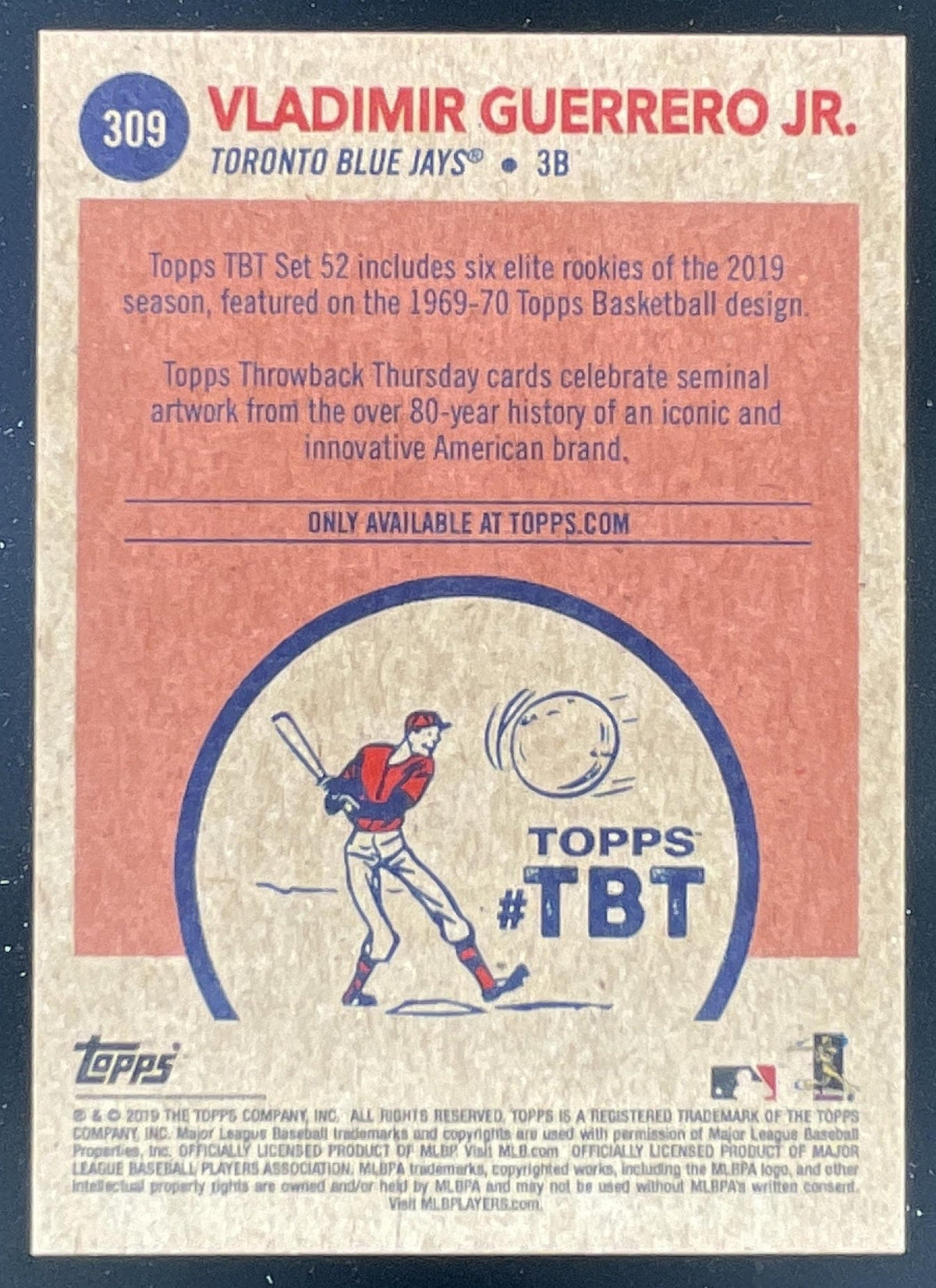 2019 Topps Throwback Thursday #309 Vladimir Guerrero Jr. RC product image 2, provided for visual reference and product