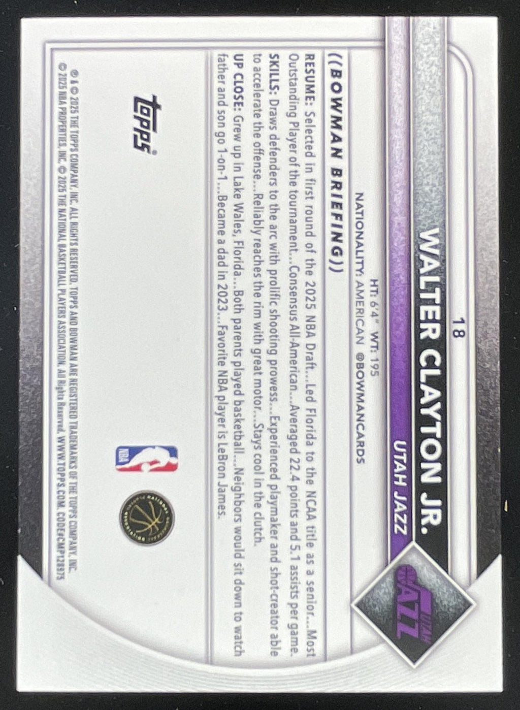 2025-26 Bowman Orange Border #18 Walter Clayton Jr. RC /25 product image 2, provided for visual reference and product detail