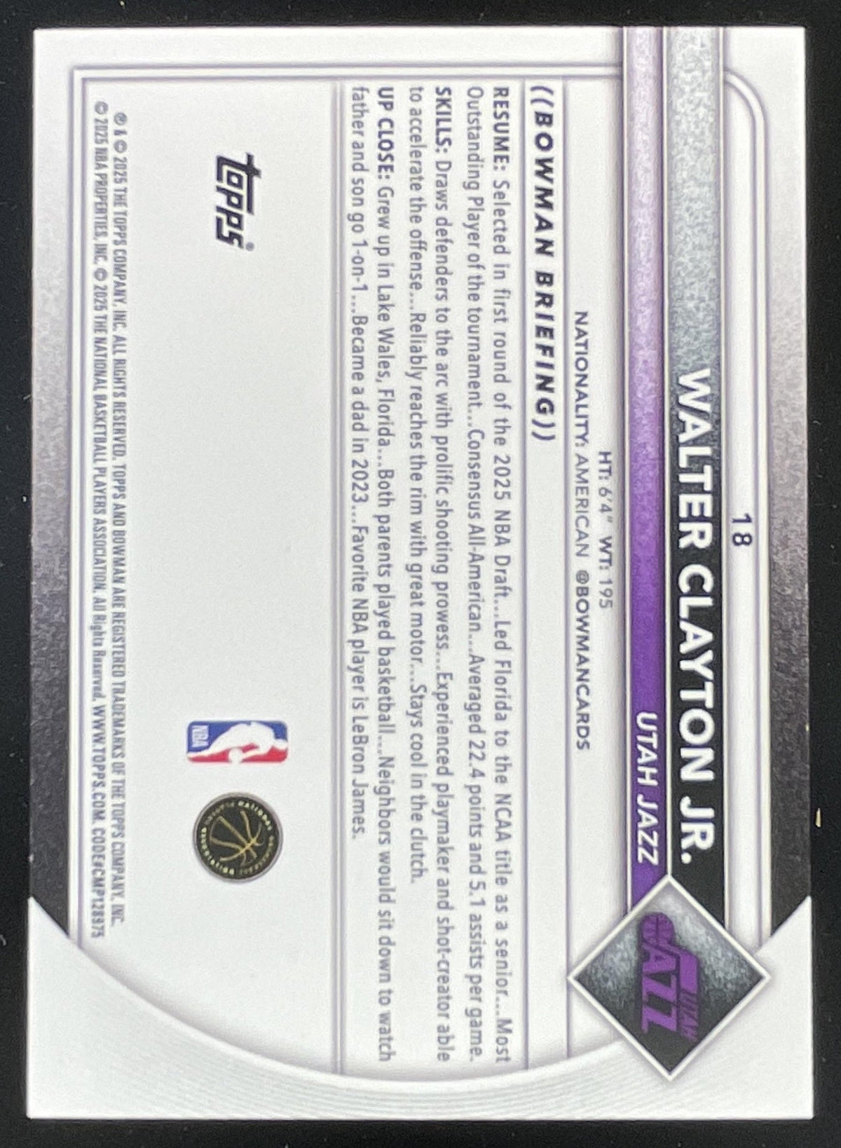 2025-26 Bowman Orange Border #18 Walter Clayton Jr. RC /25 product image 2, provided for visual reference and product detail