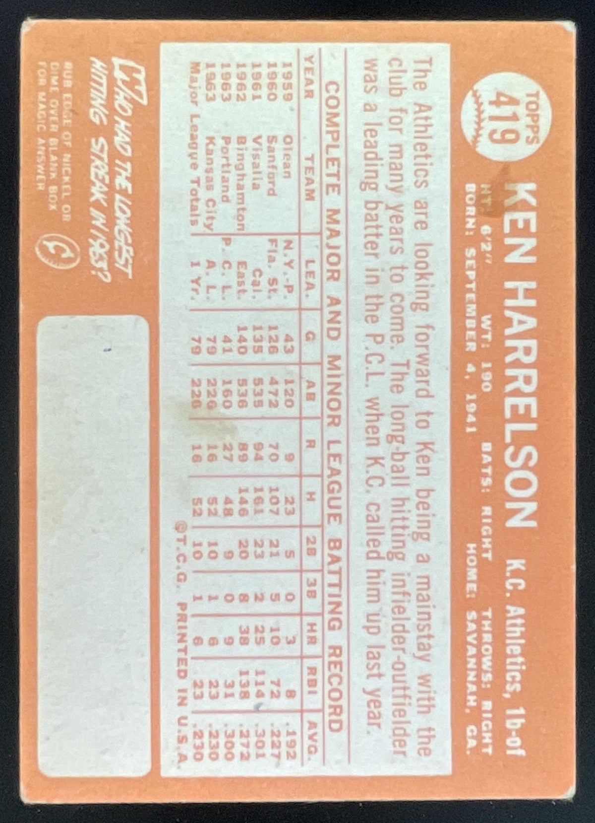 1964 Topps #419 Ken Harrelson product image 2, provided for visual reference and product detail review